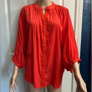 Chico's orange Relaxed Buttoned Blouse with Mandarin Collar